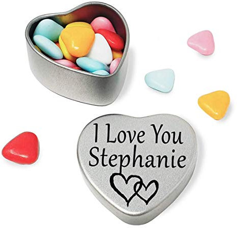 I Love You Stephanie Mini heart shaped silver gift tin filled with mini chocolates. Great as a birthday present or a gift to show someone special how much you love them