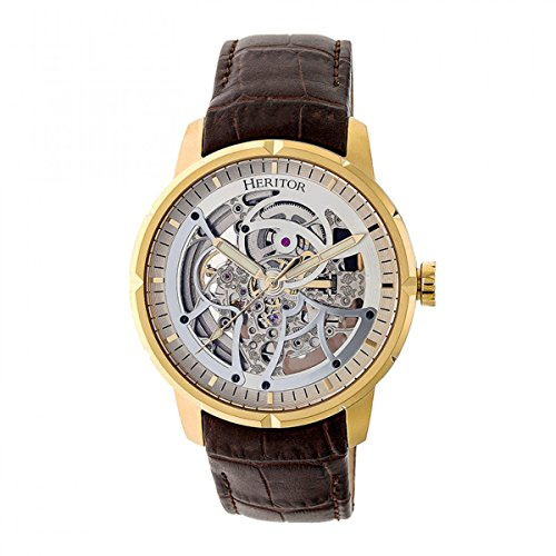 HERITOR Ryder Automatic Watch for Men – 44mm Men's Skeleton Watch with Jeweled Automatic Movement, 316L Stainless Steel Case, Genuine Leather Strap (HERHR4605) – Gold/Silver