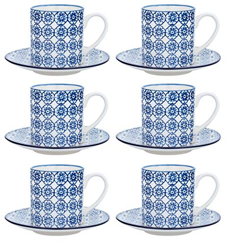 Nicola Spring 12 Piece Espresso Cup & Saucer Set - 65ml - Navy Hand Printed Tea Cup and Saucer Coffee Cappuccino Mugs Latte Drinking Mug Tea Plates