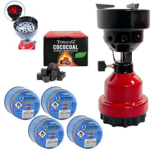 Mianova Campingkocher Camping Kocher Shisha Kohleanzünder Notfallkocher Grill Anzünder Gaskocher Gaskartuschen mit 4 Kartuschen Gasflaschen Kohle Rot