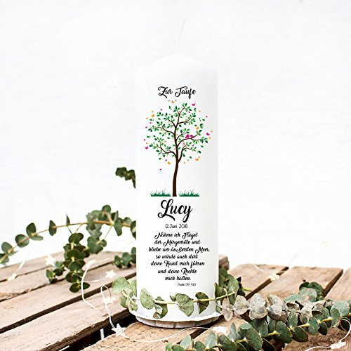 Taufkerze Patenkerze Kerze zur Taufe oder Geburt Kommunionkerze Baum mit Spruch Wunschnamen & Datum wk59 ilka parey wandtattoo-welt®
