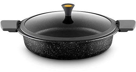 CASTEY - Cacerola Baja de Inducción, 22 cm, Aluminio, con Tapa de Vidrio Templado, Revestimiento Antiadherente, Distribuye de Forma Homogénea el Calor, Resistente y Duradera, Libre de PFOA