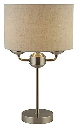 Lighting Collection Classy and Elegant 2 Lights Table Lamp with Decorative 2 Arm Frame and Cream Linen Shade, 7 W, Satin Silver