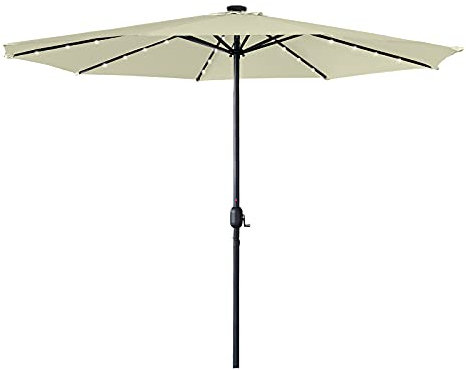 AufuN Sonnenschirm mit LED Ø350 cm Gartenschirm mit Handkurbel aus Polyester Sonnenschutz UV-Schutz 40+, Terrassenschirm für Balkon, Terrasse & Garten, Rund, 8 Streben, 32LEDs, Beige