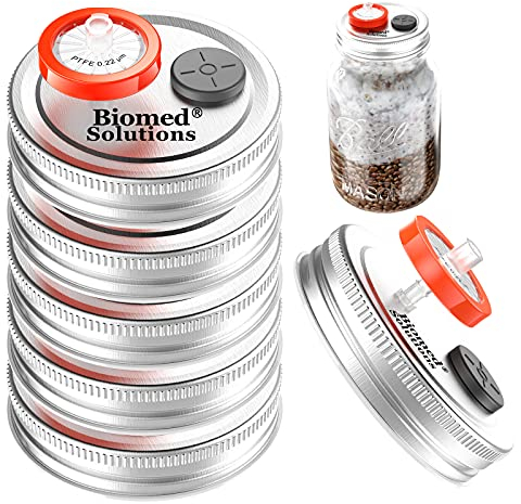 Lot de 6 couvercles de culture de céréales avec filtre à seringue PTFE de 0,2 microns, ports d'injection auto-réparables pour la culture de champignons, argent