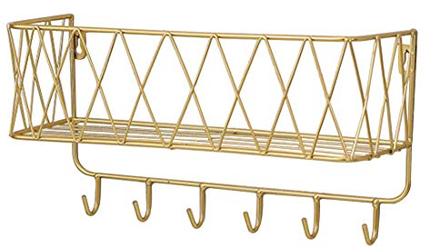 LOUSME Schlüsselbrett mit Ablage Wandregal aus Metall Schweberegal Schlüsselhalter und Garderobenständer Badregal mit Haken für Eingang Schlafzimmer Küche (34,5 x 19 x 12 CM-Gold)