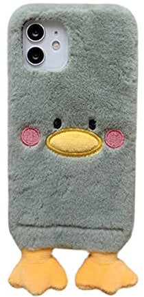 AQUYY Plush Duck Phone Case for iPhone Xr, Soft TPU Warm Fluffy Furry Protective Cover for iPhone Xr, Cute Shockproof Drop Protection Case Cover for Women Girls Kids, Green