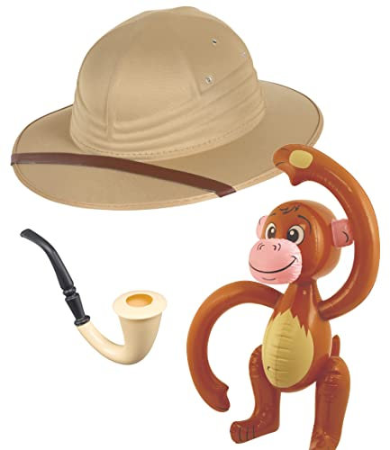 Dreamzfit - Erwachsene Safari Pith Helm Hut Kostüm Zubehör Set ~ Dschungel Safari Hut, Rauchpfeife Requisite & Aufblasbarer Affe für Männer & Frauen Entdecker Jäger Abenteurer Traveler, Beige