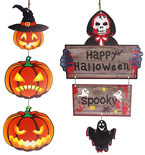 KUIRUNRX® Panneau de Bienvenue Halloween en Bois,Décoration de Panneau en Bois Happy Halloween, Panneau Suspendu Halloween,Halloween ornement décorations pour Halloween décor à la maison(2 Pièces)