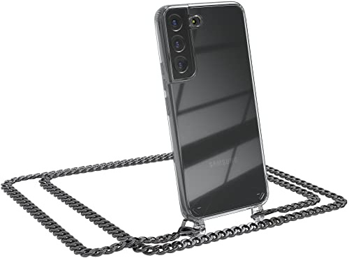 EAZY CASE Handykette kompatibel mit Samsung Galaxy S22 5G Handyhülle mit Metal Umhängeband und Ersatz Kordel schwarz, Handykordel mit Schutzhülle, Stylische Kette, Metal - Anthrazit