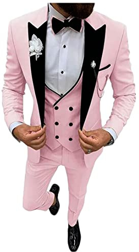 Costume 3 pièces à revers cranté pour homme - Smoking à simple boutonnage - Pour mariages, affaires et loisirs - Gilet, veste et pantalon, rose, 48