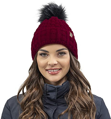 VIVISENCE Wintermütze Mit Bommel Damen Perfekte Passform Warmes Bommelmütze Herbst Frauen Mütze Für Winter Aufgerolltem Design Für Extra Wärme Ideal Für Kalte Wintertage Modell, Weinrot,Einheitsgröße