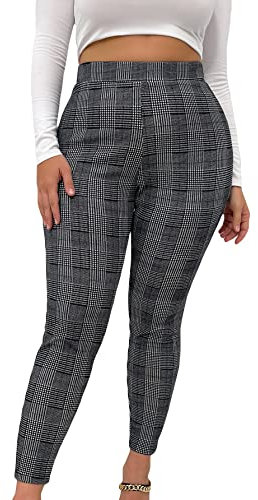 Floerns Pantalon à carreaux grande taille pour femme - Extensible - Taille élastique, Gris/carreaux, 3X-Large plus