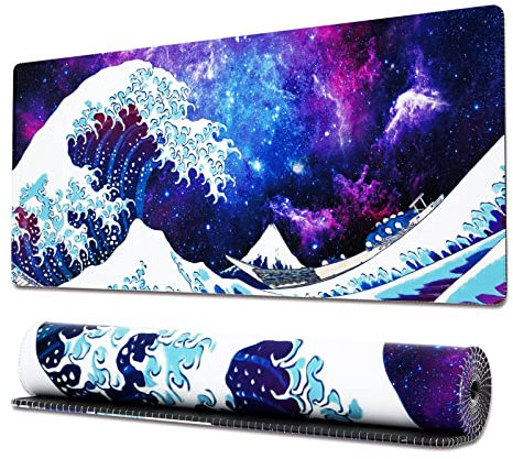 Ovenbird Large Gaming Mouse Pad with Stitched Edges, Japanese Great Wave Desk Mat, Extended XL Mousepad with Anti-Slip Base, Cool Anime Desk Pad for Keyboard and Mouse, 31.5 x 11.8 in, Blue