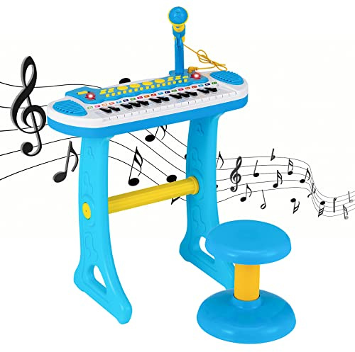 COSTWAY Teclado Piano Infantil de 31 Teclas, Juguete Musical Piano Infantil para Niños con Efectos de Luz, Múltiples Sonidos, Micrófono y Taburete, Órgano Electrónico Educativo para 3＋Niños (Azul)