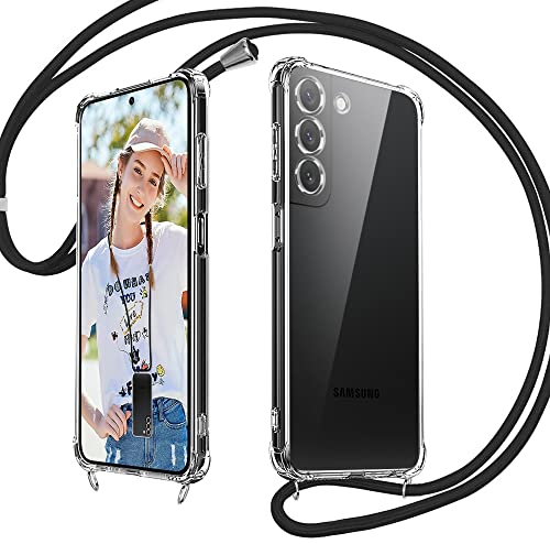 Rosyhulle Handykette für Samsung Galaxy S23 5G Hülle mit Band, Transparent Silikon Handyhülle für Samsung S23 zum Umhängen Schutzhülle mit Kette Kordel TPU Stoßfest Cover Necklace Halskette Schwarz