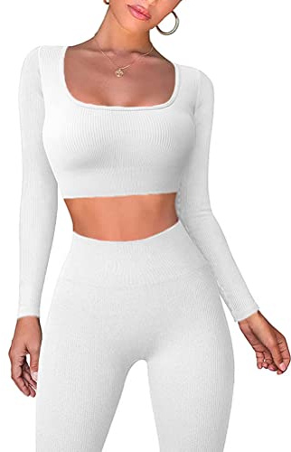 Onsoyours Damen Crop Tops Hoher Taille Leggings Yoga Outfits Zweiteilige Trainingsanzug Sets A Weiß S
