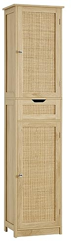 Iwell Tall Narrow Storage Cabinet with Doors, Rattan Cabinet with Adjustable Shelves, Freestanding Linen Storage for Living Room, Entryway, Kitchen, Bathroom, Natural
