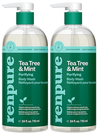 Renpure Tea Tree & Mint Body Wash - Cleanses, Invigorates & Refreshes Skin Without Over-Drying - For All Skin Types - Tea Tree Leaf Oil, Spearmint Leaf Oil - 24 Fl Oz each, 2 Pack