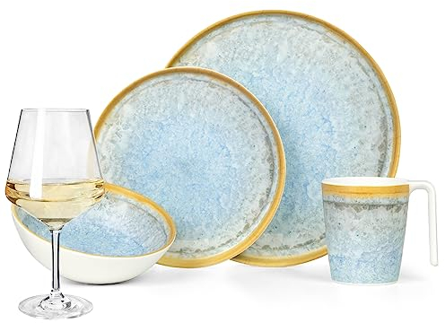 Melamin Camping Geschirr Set 4 Personen Crystal Blue + 4 Milano Weiß Weingläser Tafelgeschirr Picknick BBQ Kochgeschirr