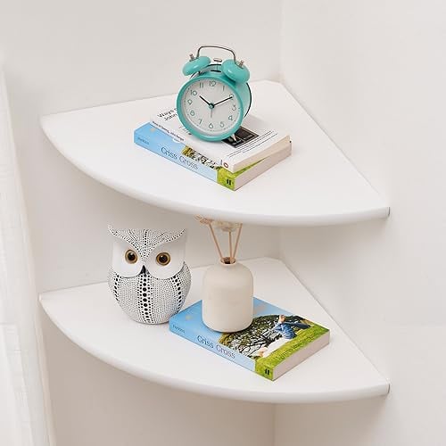 Eckregal, weißes schwebendes Eckregal, 2er Set, 25,4 cm, Massivholz Eichenholz, Wandregal mit rundem Ende, Wandhalterung mit Drahtloch für kleine Pflanzen für Schlafzimmer, Küche, Wohnzimmer