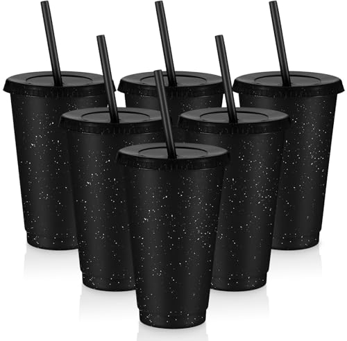 6 Pcs Reusable Tumbler with Lids and Straws Plastic Iced Coffee Tumbler Glitter Travel Mug Cup for Smoothie Juices Birthday Party Cold Drink Coffee Cup Bulk for Adult Kid Women(16 oz,Black)
