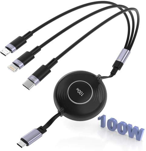 100W Multi Charging Cable, 6 in 1 Retractable iPhone Charger Cord with E-Mark Chip, 100W Fast USB A/USB C Retractable Charging Cable with Type C/Micro USB/IP for iPhone 15, Samsung, MacBook