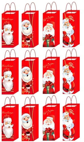 Tradineur - Pack de 12 bolsas de papel decoradas para botella de vino, Ref. 17300, asas de cuerda, guardar, regalar, envolver champán, Navidad, 36 x 12,5 x 8,5 cm, diseños aleatorios