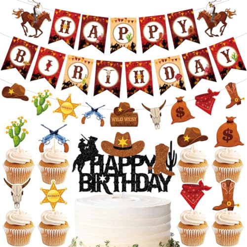 MiaLover Cowboy Party Dekorationen Set Happy Birthday Cowboy Thema Party Kit enthalten Happy Birthday Banner Ballons Cowboy Thema Cupcake Cake Topper für Kinder Jungen Erwachsene Geburtstag