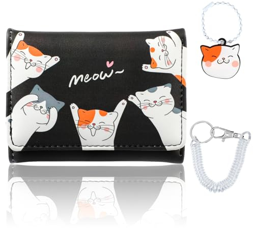 Vspek Portefeuille Femme PU Cuir Porte-Monnaie Monnaie pour Femmes Protection RFID Court Portefeuilles Petit Porte Monnaie Pliable Souple avec 9 Emplacements Cartes Pochette à Monnaie, Beau Chat Noir