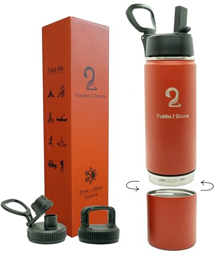 Insulated Water Bottle & Snack Container - Stainless Steel Water Bottle with Storage Compartment, 3 Lid Types BPA Free, Leak & Spill Proof Travel Bottle for Kids & Adults - Snack and Drink Cup