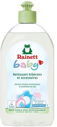 RAINETT Baby - Nettoyant Biberons et Accessoires Bébé - Élimine Résidus Alimentaires et Protéines de Lait - Liquide Vaisselle Hypoallergénique - Sans parfum - Ecolabel - 500 ml