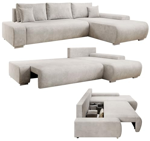 Juskys Sofa Iseo Rechts mit Schlaffunktion - Stoff Couch L Form für Wohnzimmer, bequem, ausziehbar - Schlafsofa Ecksofa Eckcouch Schlafcouch Beige