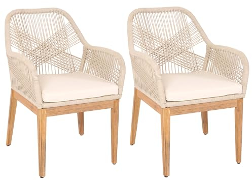 Mendler 2er-Set Gartenstuhl HWC-H56b, Sessel Outdoor, wetterfest Seilgeflecht Rope Holz Akazie - beige Kissen Creme-weiß