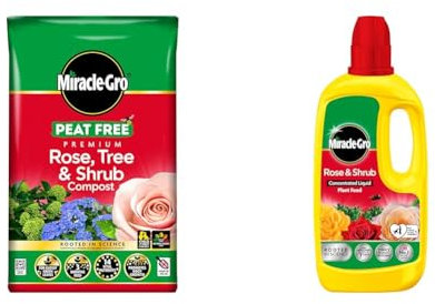 Miracle-Gro PEAT FREE Premium Rose, Tree & Shrub Compost, 40 Litres & Rose & Shrub Concentrated Plant Food, 800 ml