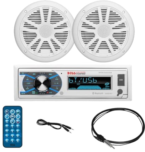 KIT SET MARINO PER BOSS AUDIO SYSTEMS MCK632WB.6 con stereo ricevitore MR632UAB AM/FM bluetooth, una coppia di altoparlanti MR6W, 90 watt rms 180 watt max, MRANT10 dipole antenna, 1 kit + accessori