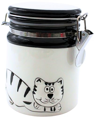 Dekohelden24 Keramik Dose - Aromadose - Vorratsdose mit Bügelverschluss, in weiß - schwarz, Motiv: Katze, L/B/H 10 x 10 x 13,5 cm