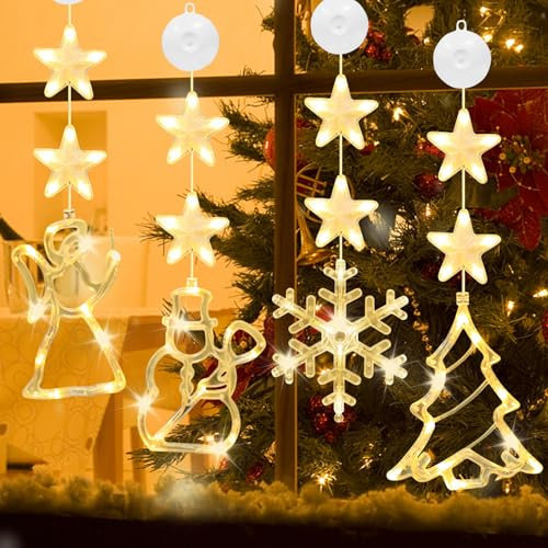 Booaee Weihnachtsbeleuchtung,4 LED Fensterdeko Weihnachten Saugnapf Weihnachten Lichter Schneeflocken, Schneemann,Engel Weihnachtsbaum Weihnachtlichen Lichterketten Warmweißes Licht Innen Außen Deko