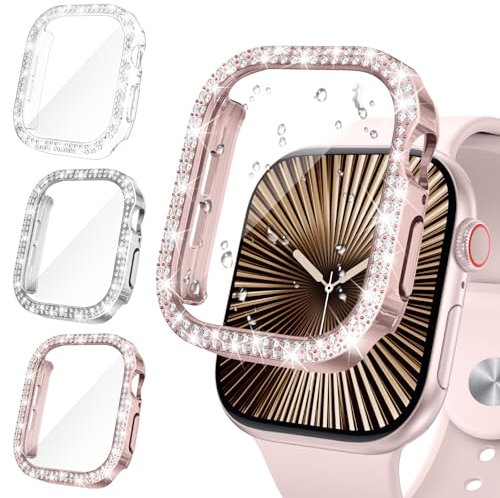 Neitra [3Stück Glitzer Diamanten Hülle für Apple Watch Series 11/10 42mm, Hart PC Bumper Case mit HD Gehärtetes Displayschutz Folie, Bling Schutzhülle Cover Smartwatch Zubehör für Frauen Mädchen