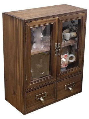 RZGZKLSH Rosetta Mini-Arbeitsplatte, Landhaus-Vintage-Spind, Wandmontage, Holzdisplay mit transparenter Tür, Lebensmittelaufbewahrung, 2 untere Schubladen, Apothekerschrank, Vitrine, gebrannte