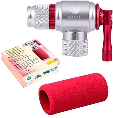 WAASSI Co2 Inflator Cyclaing – Presta and Schrader Compatible, CNC Aluminum Pump with Insulated Sleeve Small Tools – Tire Pump for Road & Mountain Bicycle and Bikes – Co2 Cartridges