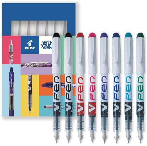 Pilot V PEN - Erasable Disposable Fountain Pen - 0.6mm Nib Tip - Medium Line - Pack of 8 - Black, Red, Pink, Violet, Blue, Peacock & Green - Cardboard Gift Box Set
