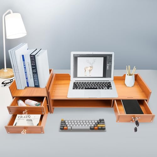 DGJMuu Computer Monitor Stand with Drawers, Wood Monitor Stands, 2 Tier Desktop Monitor Shelf, Office Supplies Storage Organiser, Load Capacity 11 lbs