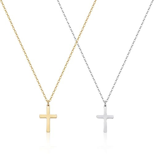 MADGININE Chain with Cross 2 PCS,Cross Necklace Men for Boys & Girls Silver Cross Necklace Hypoallergenic Cross Chain for Birthdays,Christmas,Easter,Thanksgiving,Silver+Gold,Small Size