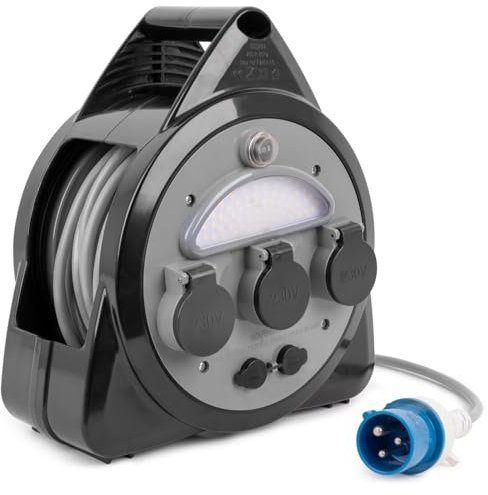 Brunner CEE Kabeltrommel Onboard 3er Stecker Schutzkontakt Lampe Outdoor USB 15m