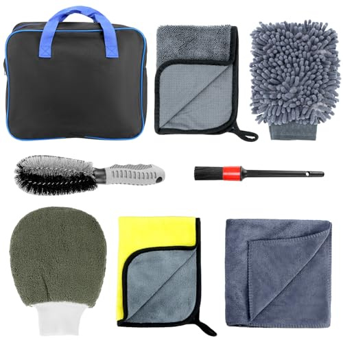 QWORK® 9-Piece Car Washing Kit with Bag – Complete Detailing Set with Microfibre Mitts, Drying Towel, Waffle Cloths, Wheel Cleaning Brush & Detailing Brushes