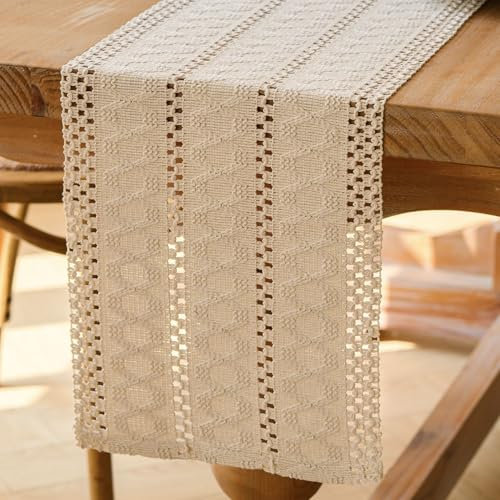 Jayusaror Tischläufer Beige Boho Makramee Modern Frühling Bauernhaus Klein Tischdecke Schmal Landhausstil Rustikaler Tisch Läufer Baumwolle Leinen Table Runner für Hochzeit Tabletop Deko 30x180 cm
