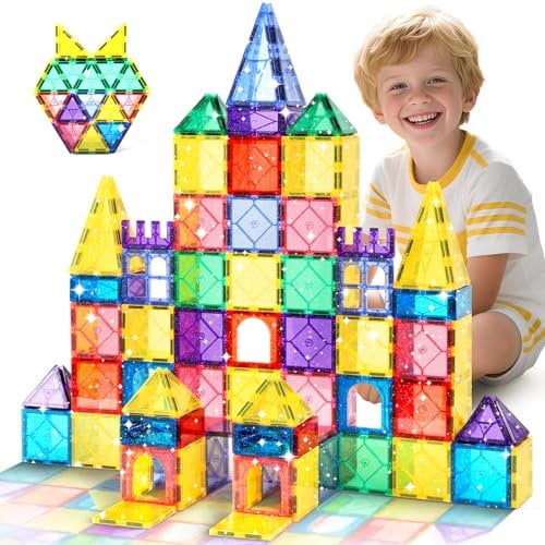 Magnetic Tiles Building Blocks, 100 Pieces Glitter Magnetic Tile STEM Educational Kids Toys for Ages 3 4 5 6 7 8 Year Old Prechool Learning Magnet Blocks Set Construction Toy Gift for Boys and Girls