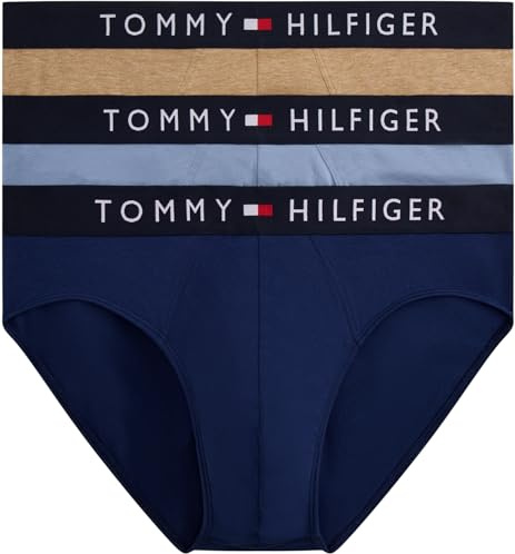 Tommy Hilfiger Men’s 3 Pack Hipster Briefs with Logo Waistband, Multicolor (Prp Nvy/Hckry Hthr/Brk Blu), XXL
