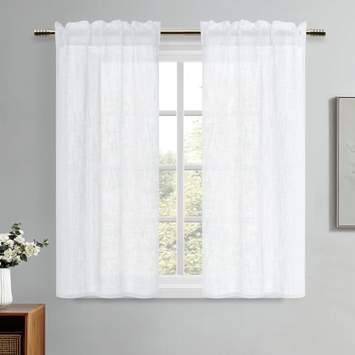 DWCN Kurz Scheibengardinen Küche Weiß Leinenoptik Vorhänge Halbtransparent | H120xB60cm 2 Stück Gardine Wohnzimmer Modern Bistrogardine Fenstervorhänge mit Stangendurchzug für Badezimmer Schlafzimmer